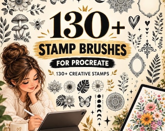 May include: A digital collection of 130+ stamp brushes for Procreate featuring black and white illustrations of flowers, butterflies, mushrooms, mandalas, and celestial elements, with text reading 130+ STAMP BRUSHES FOR PROCREATE.