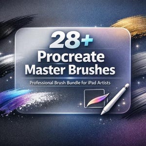Può includere: Una grafica digitale con il testo 28+ Procreate Master Brushes e Professional Brush Bundle for iPad Artists su un pannello rettangolare traslucido. Sono visibili uno stilo bianco e un'icona a forma di pennellata colorata.