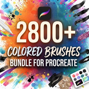 Op de afbeelding: Een digitaal kunstbronnenpakket met de tekst 2800+ COLORED BRUSHES BUNDLE FOR PROCREATE. De achtergrond toont een levendige aquarelspat met diverse penseelstreekvoorbeelden, een witte stylus en een klein paletpictogram.