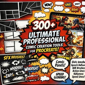 300 Dynamic Comic Panels + Ultimate Speech Balloons & SFX Brushes Bundle for Procreate