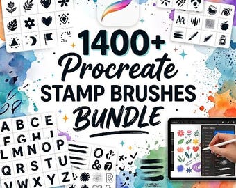 May include: A digital bundle of 1400+ Procreate stamp brushes featuring various black and white icons, letters, and shapes. The collection includes flowers, foliage, abstract designs, textures, and doodles displayed on a colorful watercolor background.