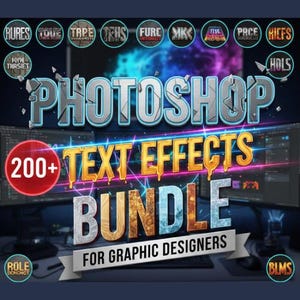Paquete de más de 200 efectos de texto para Photoshop: metálicos, con fallos y estilos 3D para diseñadores gráficos.