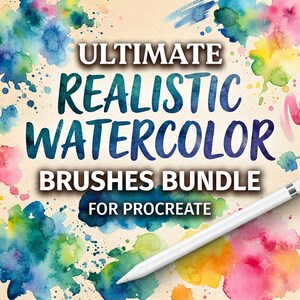 Pode incluir: Uma caneta digital branca posicionada na diagonal sobre um fundo creme com salpicos de aguarela multicoloridos. O texto diz ULTIMATE REALISTIC WATERCOLOR BRUSHES BUNDLE FOR PROCREATE em azul escuro e branco sobre a imagem.
