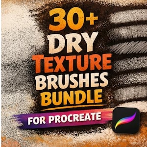 May include: A digital art bundle advertisement. The image features the text "30+ DRY TEXTURE BRUSHES BUNDLE" in white and orange lettering. Below, the text "FOR PROCREATE" is written on a purple and pink brushstroke. A Procreate app icon is in the bottom right.