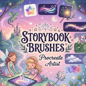 May include: A digital art illustration with the text "Storybook Brushes Procreate Artist". The image features a fairy, a girl drawing on a tablet, a dragon, a castle, and various brush stroke designs in a whimsical style.
