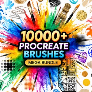 Può includere: Grafica di arte digitale vibrante con pennelli che circondano un'esplosione colorata. Il testo recita "10000+ Procreate Brushes Mega Bundle". Varie pennellate ed elementi di design sono sparsi.