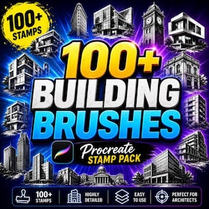 Puede incluir: Un gráfico de arte digital con el texto "100+ BUILDING BRUSHES" y un logotipo de paquete de sellos Procreate. La imagen muestra ilustraciones de varios edificios, con texto adicional que indica "100+ STAMPS", "HIGHLY DETAILED" y "EASY TO USE".