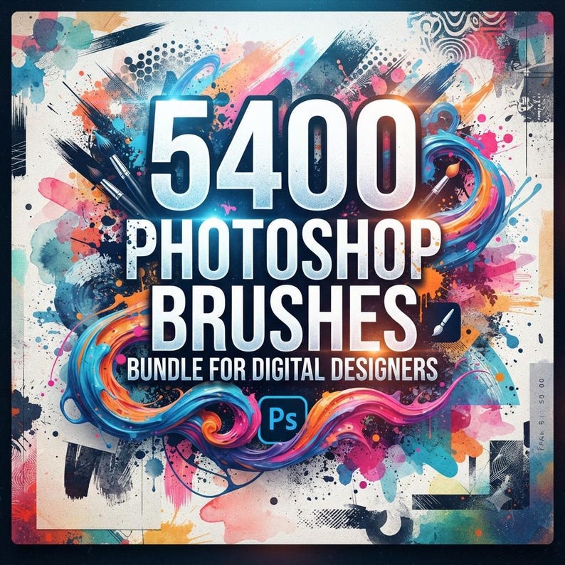 May include: A digital graphic featuring the text 5400 PHOTOSHOP BRUSHES BUNDLE FOR DIGITAL DESIGNERS with the Adobe Photoshop Ps logo. The background displays vibrant, multi-colored paint splashes, swirls, and artistic brush stroke textures.