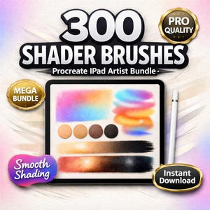 May include: An iPad Pro with a stylus displays colorful shading examples. The image includes text that reads "300 Shader Brushes" and "Procreate iPad Artist Bundle." Additional text includes "Mega Bundle," "Smooth Shading," and "Instant Download."