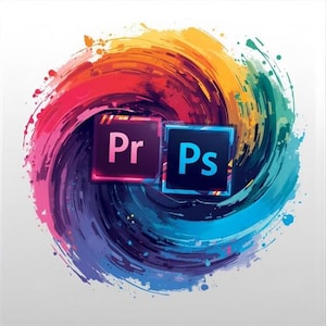 May include: The Adobe Premiere Pro logo with the letters Pr and the Adobe Photoshop logo with the letters Ps are centered over a vibrant, circular, multi-colored paint swirl featuring shades of red, orange, yellow, blue, and purple.