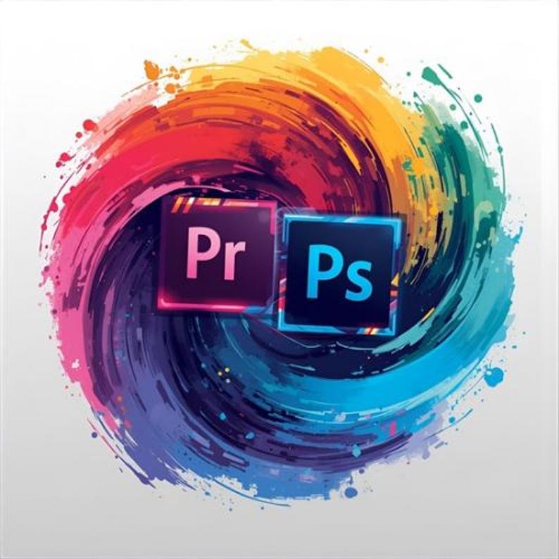 May include: The Adobe Premiere Pro logo with the letters Pr and the Adobe Photoshop logo with the letters Ps are centered over a vibrant, circular, multi-colored paint swirl featuring shades of red, orange, yellow, blue, and purple.