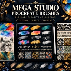 Könnte beinhalten: Eine digitale Sammlung von Procreate-Pinseln mit dem Titel MEGA STUDIO PROCREATE BRUSHES ULTIMATE CREATIVE COLLECTION. Die Anzeige zeigt verschiedene Pinselstriche, Texturen, Ränder und Muster in Gold-, Blau- und bunten Farbtönen.