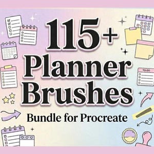 May include: A digital art graphic with the text "115+ Planner Brushes Bundle for Procreate." The image features illustrations of calendars, to-do lists, arrows, stars, and a stamp, all in a pastel color scheme.