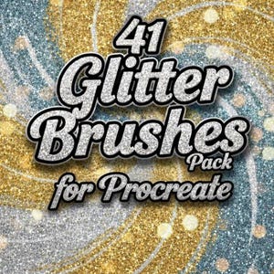Könnte beinhalten: Digitales Grafikdesign mit dem Text "41 Glitter Brushes Pack for Procreate". Der Text in Silber-Glitzer-Optik mit schwarzer Umrandung vor einem wirbelnden Hintergrund aus Gold- und Blauglitzer.