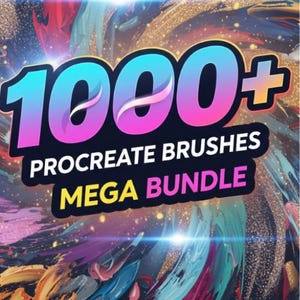 Puede incluir: Gráfico de arte digital con el texto "1000+ PROCREATE BRUSHES MEGA BUNDLE". El texto está en un degradado de azul, rosa y morado, con un fondo negro. El fondo tiene pinceladas coloridas y purpurina dorada.