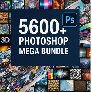 May include: A dark blue square with the text "5600+ PHOTOSHOP MEGA BUNDLE" in white, surrounded by various digital art images. A "Ps" logo is in the upper right corner. This image is a promotional graphic for Photoshop resources.