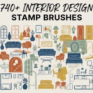 Pode incluir: Uma coleção digital de mais de 740 pincéis de carimbo de design de interiores com ilustrações de linhas de móveis, plantas, portas, janelas e itens de decoração em azul, laranja, amarelo e verde sobre um fundo claro.