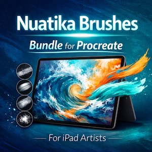 May include: A digital tablet displaying a vibrant wave illustration with orange and blue brush strokes. The text reads Nuatika Brushes Bundle for Procreate For iPad Artists. Four circular icons on the left show different brush textures.