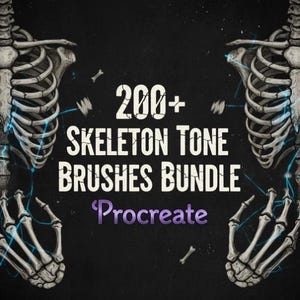 Puede incluir: Un fondo oscuro presenta una ilustración estilizada de un esqueleto humano, con cajas torácicas y manos. El texto dice "200+ SKELETON TONE BRUSHES BUNDLE Procreate". La imagen tiene una estética vintage, ligeramente desgastada.