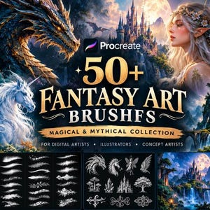 Op de afbeelding: Een digitale kunstpenseelset met een fantasiethema en de tekst 50+ FANTASY ART BRUSHES MAGICAL & MYTHICAL COLLECTION FOR DIGITAL ARTISTS ILLUSTRATORS CONCEPT ARTISTS. De afbeelding toont een draak, een eenhoorn en een kasteel.