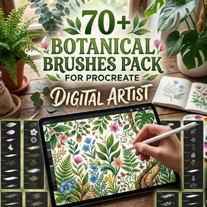 May include: A digital product advertisement titled 70+ BOTANICAL BRUSHES PACK FOR PROCREATE DIGITAL ARTIST. The image displays a tablet screen showing a colourful floral illustration, surrounded by various brush stroke previews on a dark background.