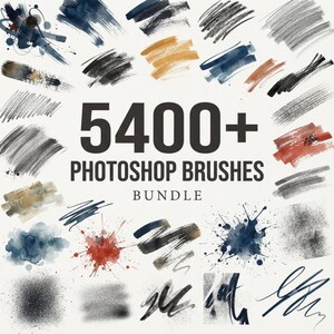 May include: A digital collection of 5400+ Photoshop brushes displayed as a variety of artistic strokes, including watercolor washes, charcoal-like textures, ink splatters, and pencil-style lines in shades of blue, black, red, and tan.
