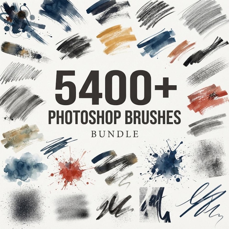 May include: A digital collection of 5400+ Photoshop brushes displayed as a variety of artistic strokes, including watercolor washes, charcoal-like textures, ink splatters, and pencil-style lines in shades of blue, black, red, and tan.