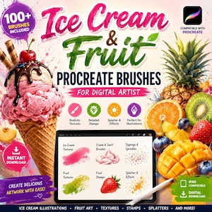 May include: A digital product advertisement for Ice Cream & Fruit Procreate Brushes featuring a large ice cream cone, a pineapple, sliced fruits, and a tablet screen displaying brush samples including textures, stamps, and splatter effects.