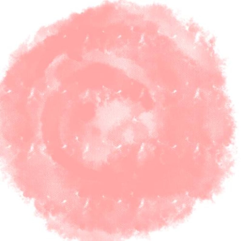 May include: A circular graphic element featuring a soft, watercolor-style texture in a light pastel pink hue. The shape has irregular, feathered edges that create a diffused appearance against a plain white background, resembling a brush stroke.