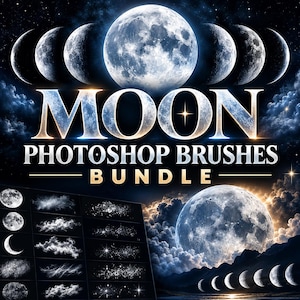 Pode incluir: Um gráfico digital com o texto MOON PHOTOSHOP BRUSHES BUNDLE. A imagem exibe uma série de fases da lua na parte superior e inferior, uma lua cheia grande e uma grade de várias amostras de pinceladas em um fundo escuro e estrelado.