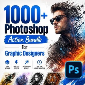 Op de afbeelding: Een digitale grafische advertentie voor een 1000+ Photoshop Action Bundle voor grafisch ontwerpers. Het bevat een man met een zonnebril, een blauw en oranje kleurenschema, het Adobe Photoshop-logo en vier voorbeeldafbeeldingen met effecten.