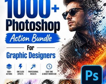 May include: A digital graphic advertisement for a 1000+ Photoshop Action Bundle for Graphic Designers. It features a man wearing sunglasses, a blue and orange color scheme, the Adobe Photoshop logo, and four sample images showing various effects.