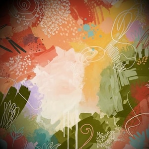 May include: An abstract digital painting featuring a vibrant blend of orange, yellow, olive green, and soft pink brushstrokes. The composition includes layered textures, splatters, and delicate white line art depicting swirling floral patterns.