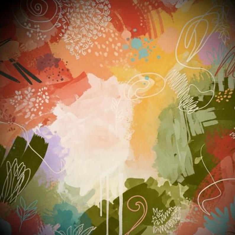 May include: An abstract digital painting featuring a vibrant blend of orange, yellow, olive green, and soft pink brushstrokes. The composition includes layered textures, splatters, and delicate white line art depicting swirling floral patterns.