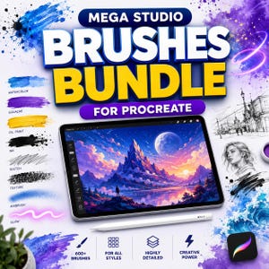 May include: A digital art bundle featuring the text Mega Studio Brushes Bundle For Procreate. A tablet displays a mountain landscape with a moon, accompanied by a stylus. Various brush stroke samples are shown in blue, purple, and yellow.