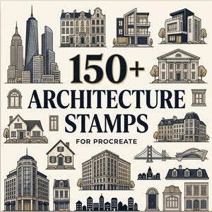 May include: A digital collection of 150+ architecture stamps for Procreate featuring various building illustrations including skyscrapers, residential houses, commercial structures, bridges, and architectural elements in a clean line art style.