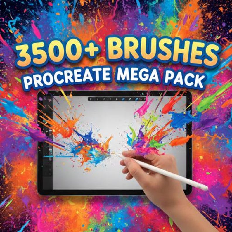 May include: A digital tablet displaying a blank screen with a white stylus creating colorful paint splatters. The text 3500+ BRUSHES PROCREATE MEGA PACK is displayed in large, bold, blue-outlined yellow and white letters against a vibrant background.