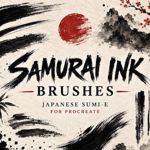 May include: A digital graphic featuring the text SAMURAI INK BRUSHES JAPANESE SUMI-E FOR PROCREATE. The design includes black ink brush strokes, a red circular sun, black mountain silhouettes, and red cherry blossom branches on a textured background.