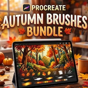 May include: A digital tablet displays a vibrant autumn forest scene with a stylus resting on top. The screen showcases a Procreate Autumn Brushes Bundle, with various brush styles and a color palette. Pumpkins, acorns, and fall leaves decorate the wooden table.
