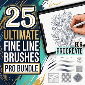 Może przedstawiać: Cyfrowy zestaw artystyczny zatytułowany 25 Ultimate Fine Line Brushes Pro Bundle for Procreate, przedstawiający ekran tabletu z kwiatowym rysunkiem liniowym, różnymi próbkami pociągnięć i geometrycznymi wzorami w czarnym tuszu.