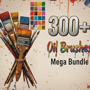 May include: A collection of various paint brushes tied together with twine, featuring wooden handles and bristles stained with colorful paint. The text 300+ Oil Brushes Mega Bundle is displayed alongside a grid of small color swatches.