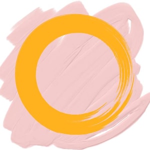 May include: A vibrant yellow circular ring shape centered over a textured, light pink brushstroke background. The yellow circle features a distinct, hand-painted style with visible brush texture and varying opacity, layered atop the soft pink paint.