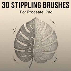 May include: Digital art illustration of a split Monstera leaf, created with stippling technique. The image features the text "30 Stippling Brushes For Procreate iPad" in a bold, black font. The leaf is shaded with varying densities of dots.