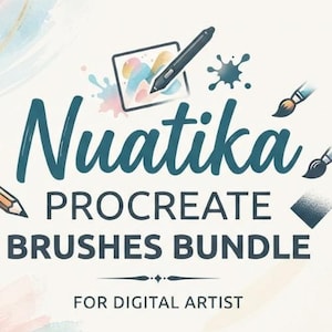 May include: A digital graphic featuring the text Nuatika PROCREATE BRUSHES BUNDLE FOR DIGITAL ARTIST in dark blue font. The design includes a stylus pen, a tablet screen with colorful abstract shapes, paint splatters, and various art brushes.