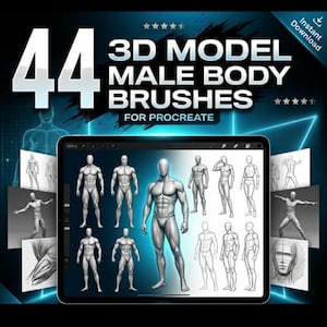 Puede incluir: Anuncio de un producto de arte digital. La imagen muestra una tableta que presenta pinceles de cuerpo masculino en 3D para Procreate. El título dice "44 3D Model Male Body Brushes". La pantalla de la tableta muestra varias poses de figuras masculinas.