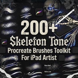 Puede incluir: Un kit de herramientas digitales para Procreate que incluye más de 200 pinceles con temática de esqueleto. El gráfico muestra el texto 200+ Skeleton Tone Procreate Brushes Toolkit For iPad Artist, junto a ilustraciones de un cráneo, manos esqueléticas y un lápiz óptico.