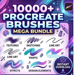 May include: A digital art graphic with the text "10000+ PROCREATE BRUSHES MEGA BUNDLE". The image showcases various brush styles, including textures, sketching, line art, paints, effects, and design elements. A purple and blue colour scheme is used.