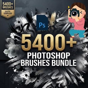 May include: A digital download bundle featuring 5400+ Photoshop brushes. The graphic displays the text 5400+ PHOTOSHOP BRUSHES BUNDLE in gold and white, a blue Ps icon, and an illustration of a person holding a camera against a black background.