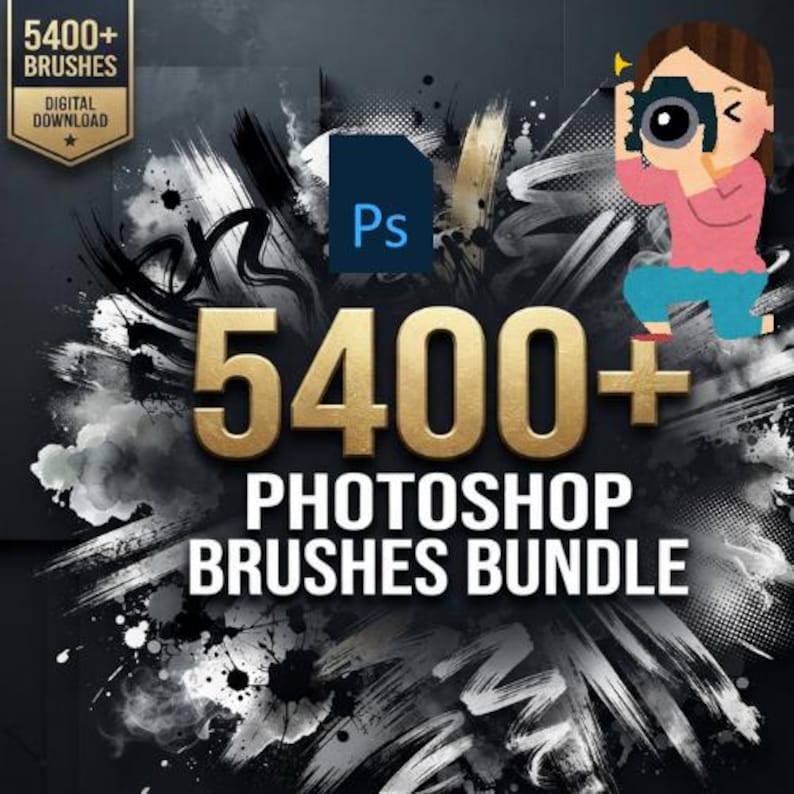 May include: A digital download bundle featuring 5400+ Photoshop brushes. The graphic displays the text 5400+ PHOTOSHOP BRUSHES BUNDLE in gold and white, a blue Ps icon, and an illustration of a person holding a camera against a black background.