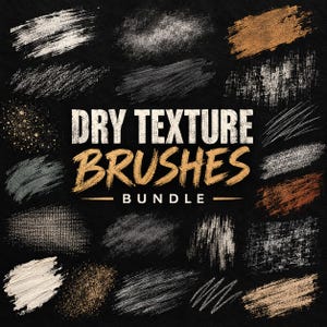 Può includere: Una collezione digitale intitolata DRY TEXTURE BRUSHES BUNDLE che presenta vari campioni di tratti artistici. L'immagine mostra molteplici campioni di pennellate asciutte e strutturate in tonalità bianco, grigio, marrone e oro su sfondo nero.